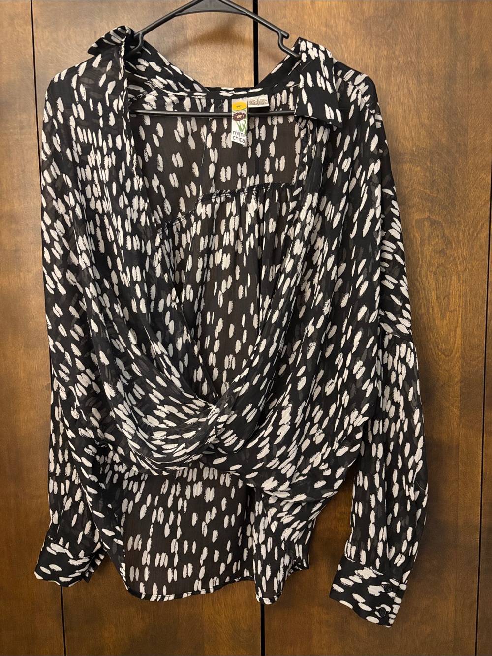 Mimi Chica Black and White Abstract Cowl Blouse